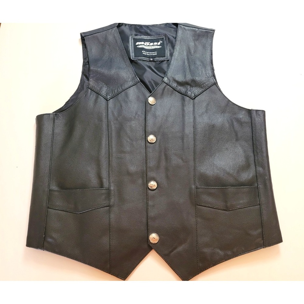 Mossi Motorsports Apparel Black Leather Biker Vest, Men's, Size-L